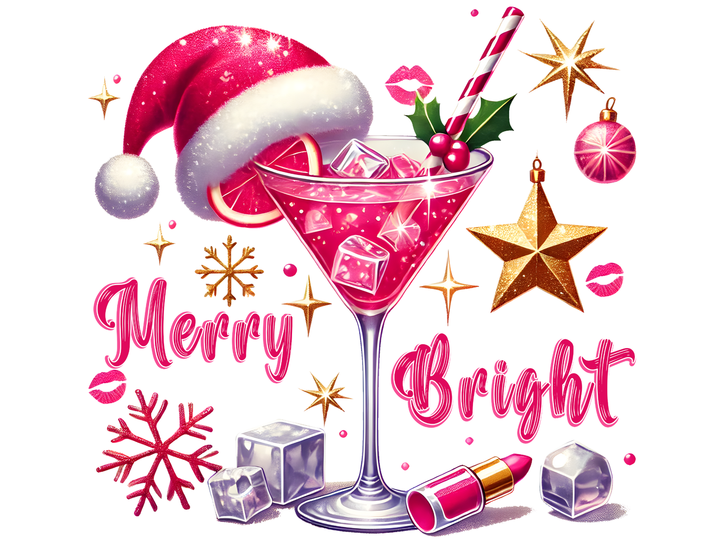 Pink Cocktail Merry and Bright DTF transfer