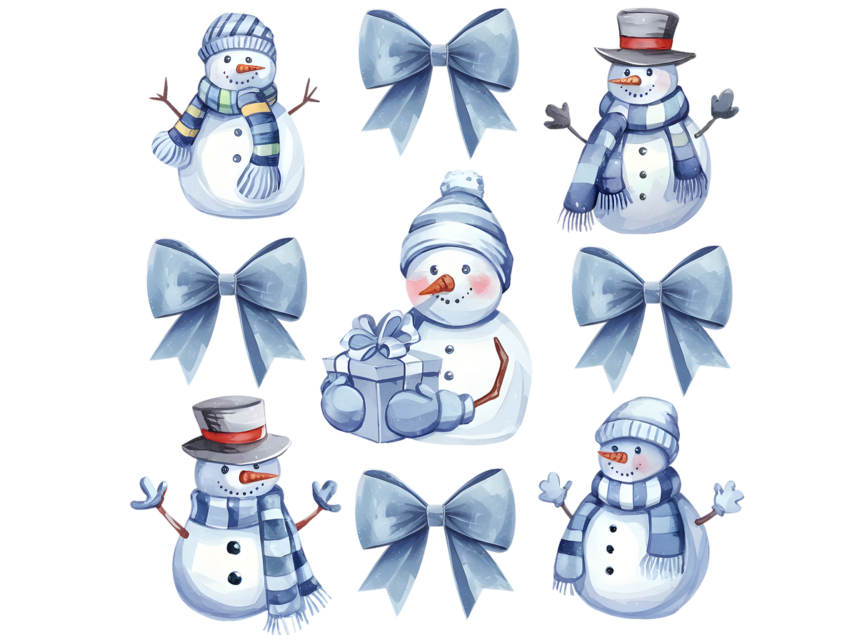 Blue Snowmen and Bows Pattern DTF transfer