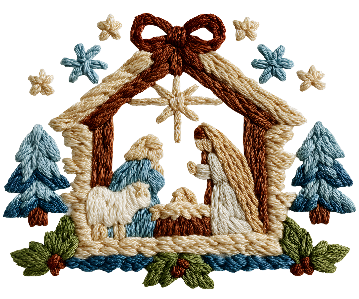 Blue Crochet Nativity Christmas Transfer ready-to-press DTF transfer