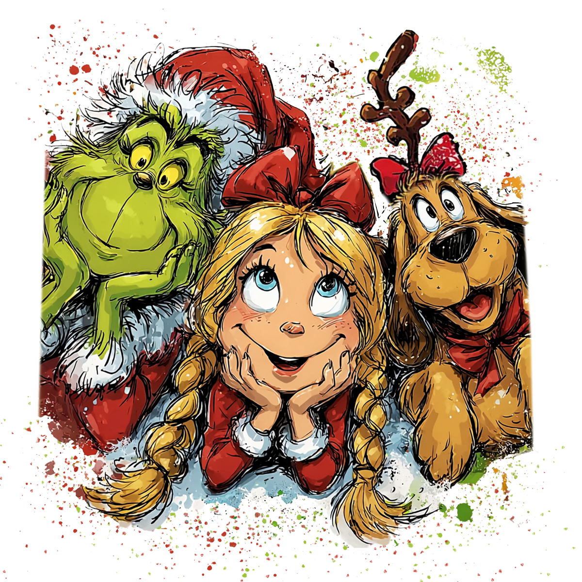 Green Holiday Character Girl and Dog Christmas Transfer ready-to-press DTF transfer