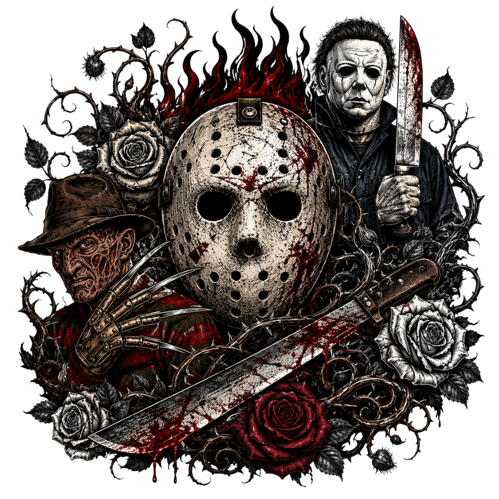 Flaming Horror Masks Floral Collage Transfer ready-to-press DTF transfer