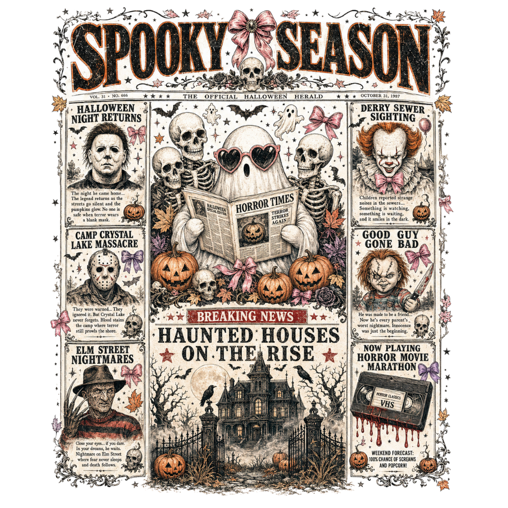 Spooky Season Horror Newspaper Collage Transfer ready-to-press DTF transfer