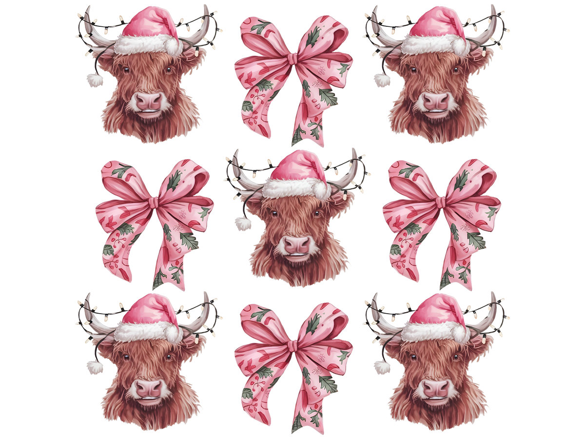 Pink Highland Cow and Bow Pattern DTF transfer