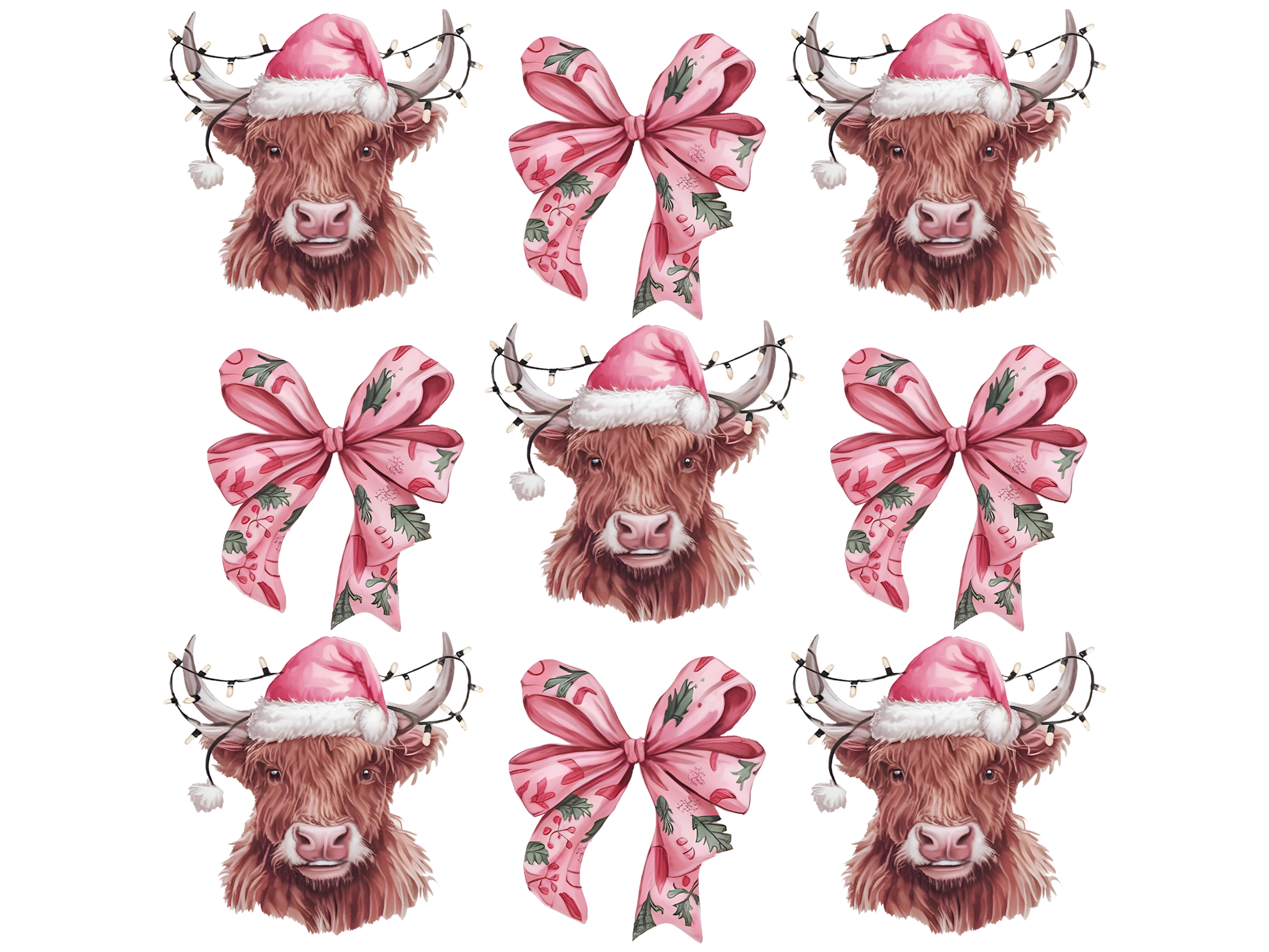 Pink Highland Cow and Bow Pattern DTF transfer
