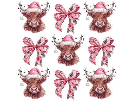 Pink Highland Cow and Bow Pattern DTF transfer