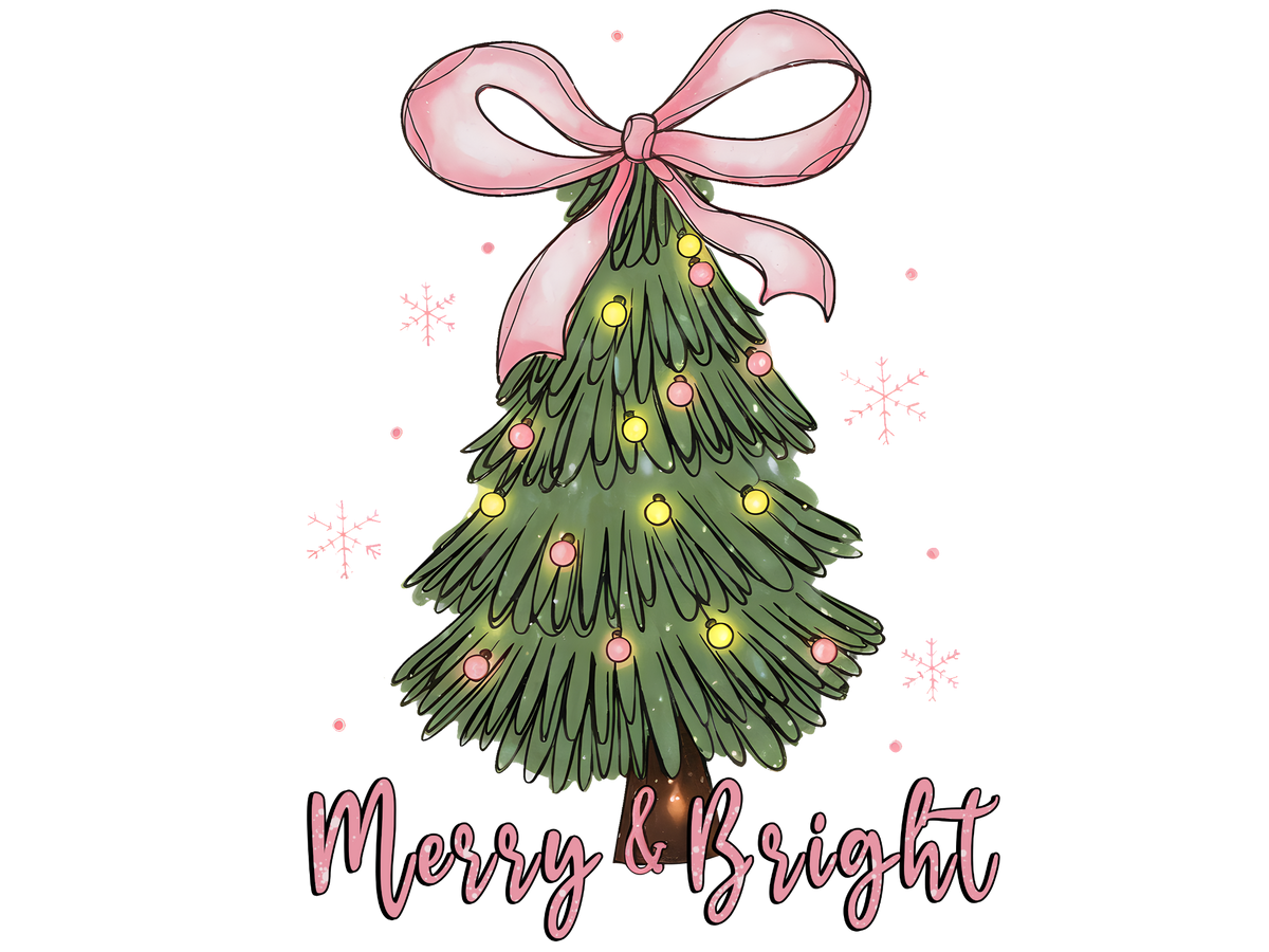 Pink Bow Christmas Tree Merry and Bright DTF transfer
