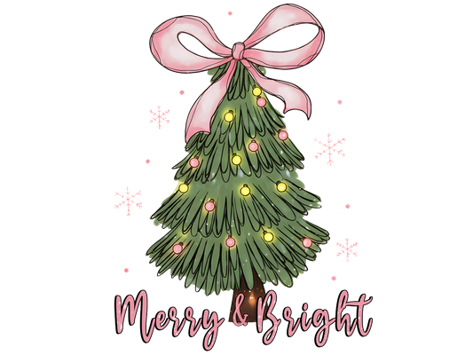 Pink Bow Christmas Tree Merry and Bright DTF transfer