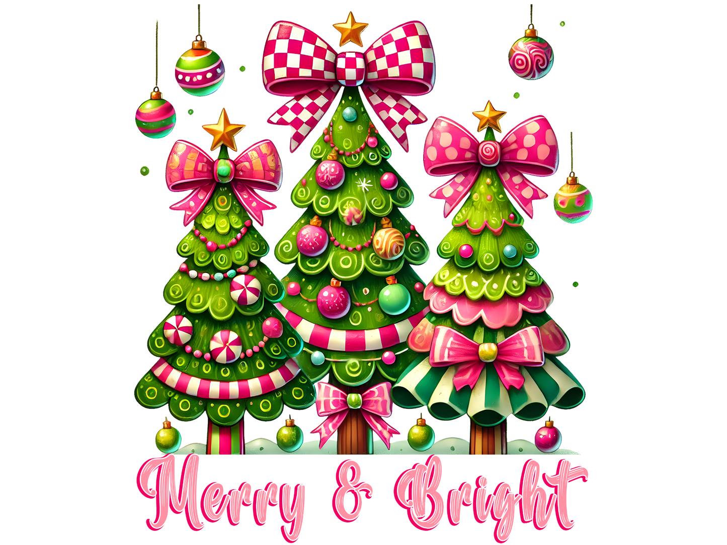 Pink Christmas Trees Merry and Bright DTF transfer