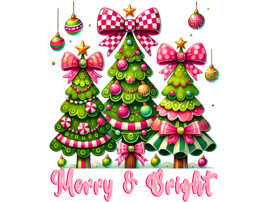 Pink Christmas Trees Merry and Bright DTF transfer