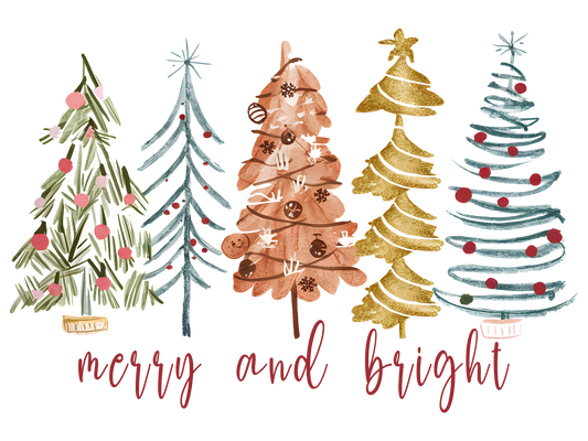 Boho Christmas Trees Merry and Bright DTF transfer