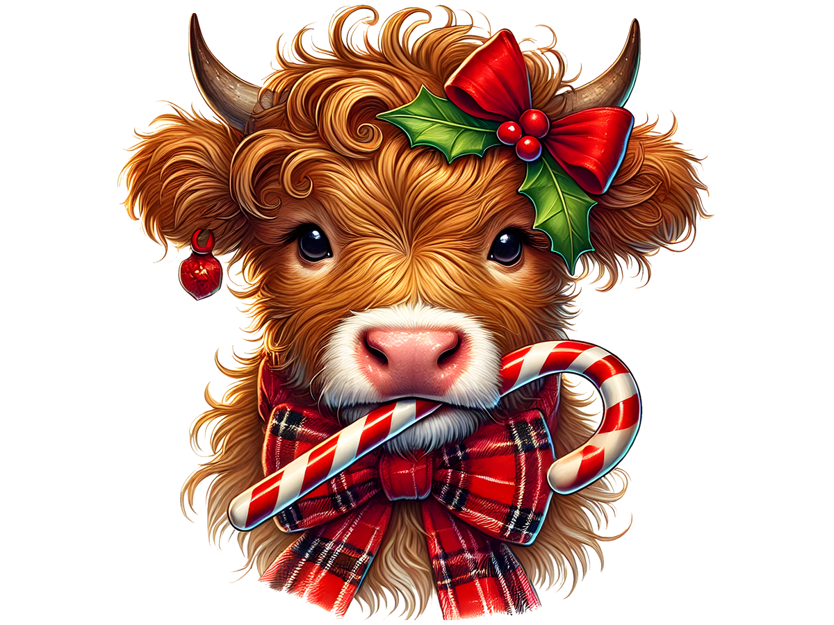 Christmas Highland Cow with Candy Cane DTF transfer