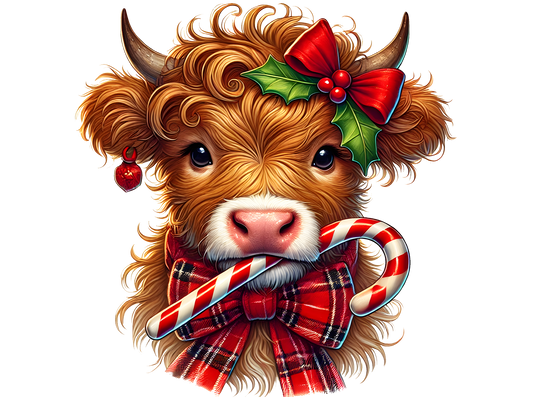 Christmas Highland Cow with Candy Cane DTF transfer