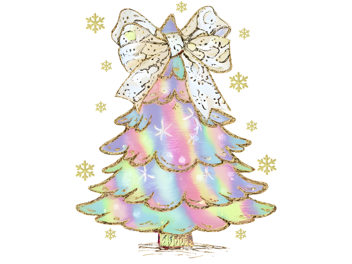 Pastel Christmas Tree with Gold Bow DTF transfer
