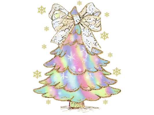 Pastel Christmas Tree with Gold Bow DTF transfer