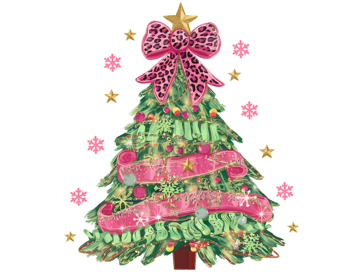 Leopard Pink Bow Christmas Tree DTF transfer
