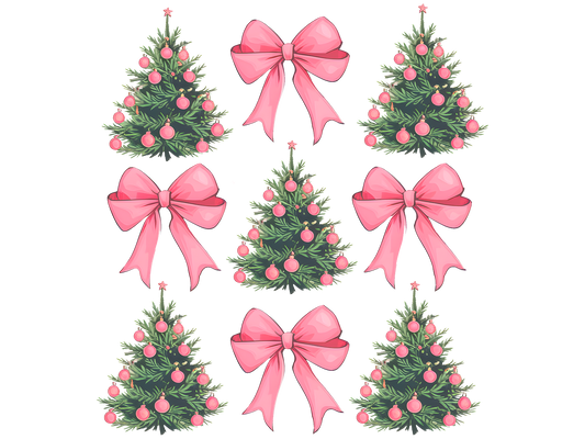 Pink Bows and Christmas Trees Pattern DTF transfer