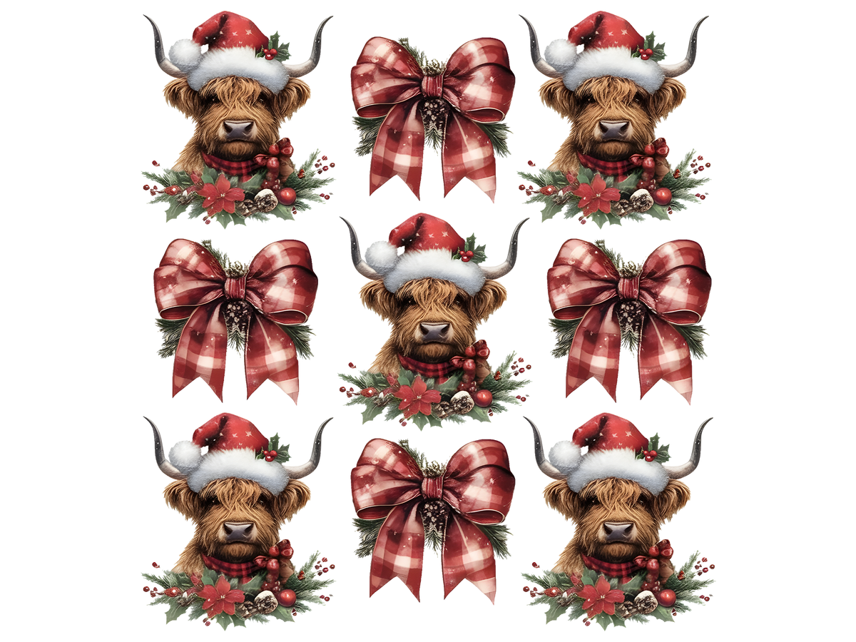 Christmas Highland Cows and Plaid Bows DTF transfer