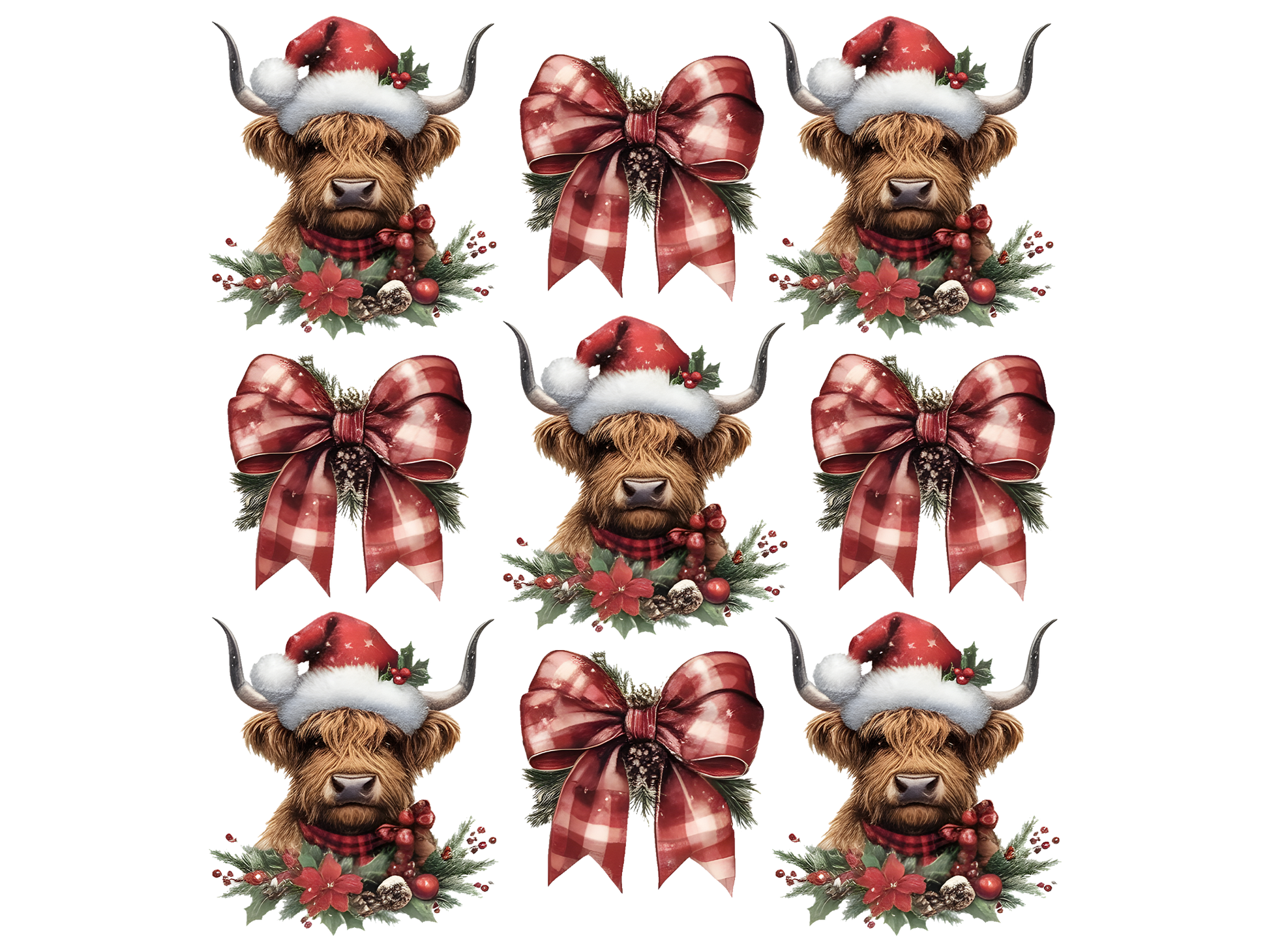 Christmas Highland Cows and Plaid Bows DTF transfer
