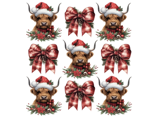 Christmas Highland Cows and Plaid Bows DTF transfer