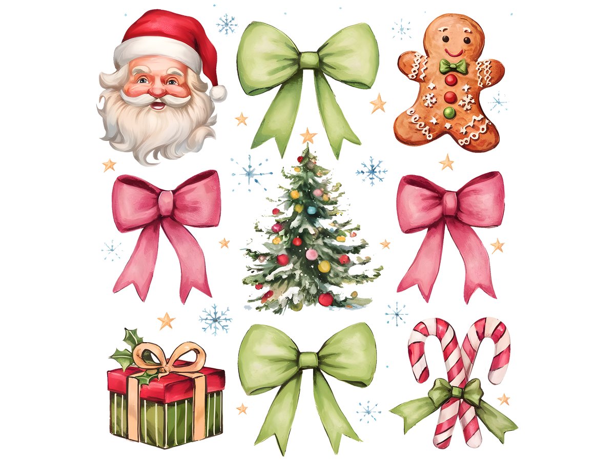Christmas Icons and Green Bows DTF transfer