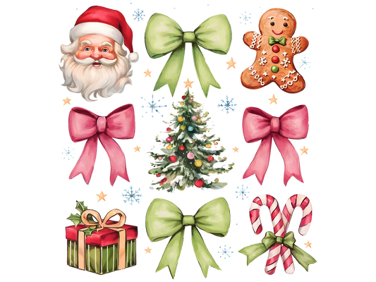 Christmas Icons and Green Bows DTF transfer