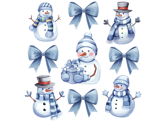 Blue Snowmen and Bows Pattern DTF transfer