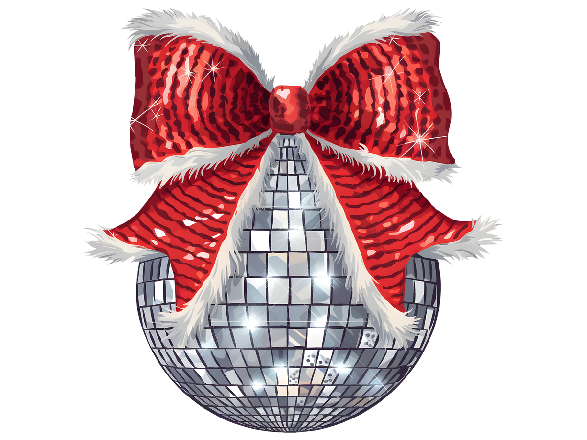 Silver Disco Ball with Red Bow DTF transfer