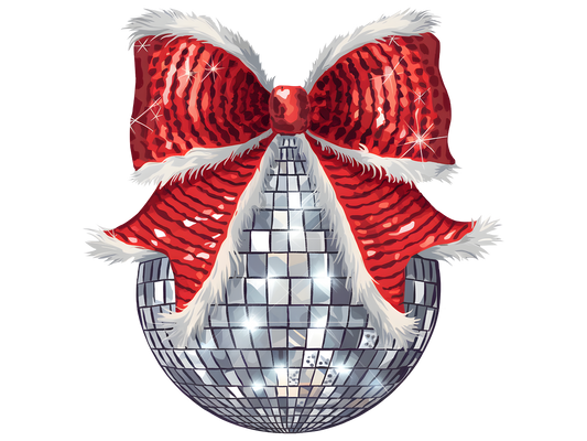 Silver Disco Ball with Red Bow DTF transfer