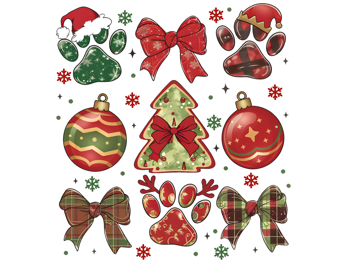Christmas Paw Prints and Ornaments DTF transfer