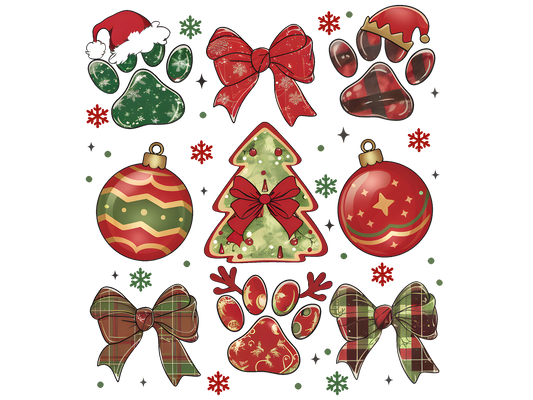 Christmas Paw Prints and Ornaments DTF transfer
