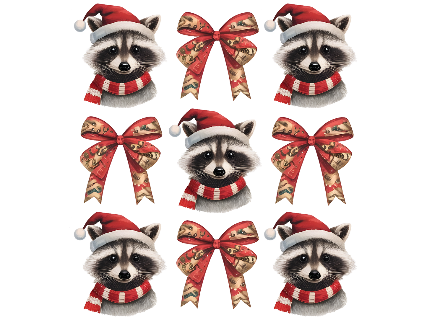 Christmas Raccoons and Bows Pattern DTF transfer