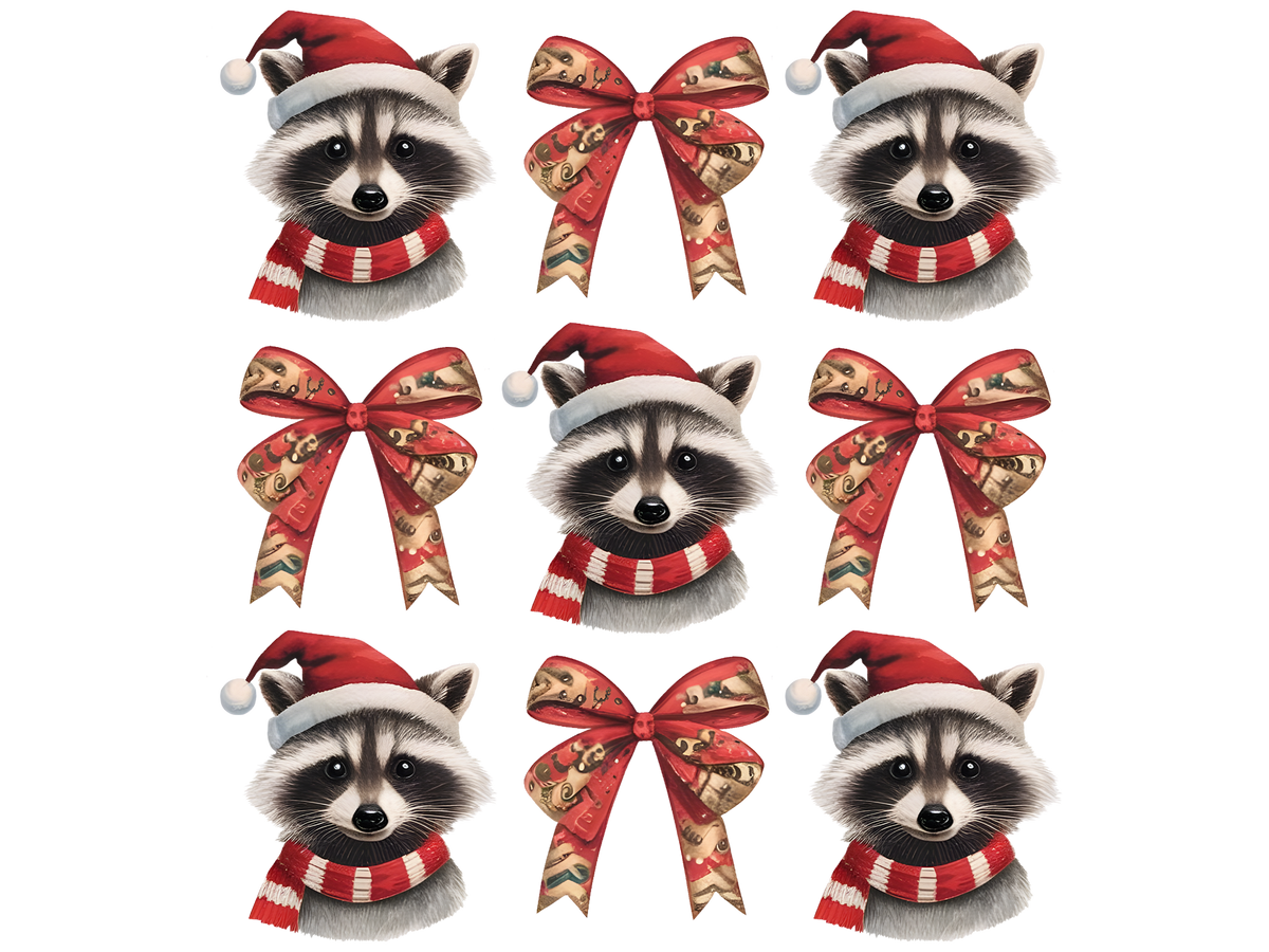 Christmas Raccoons and Bows Pattern DTF transfer