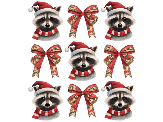 Christmas Raccoons and Bows Pattern DTF transfer