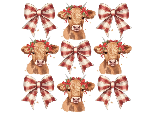 Christmas Highland Cows and Bows Pattern DTF transfer