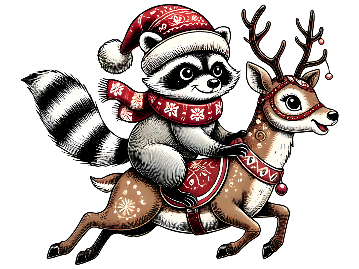 Christmas Raccoon Riding Reindeer DTF transfer