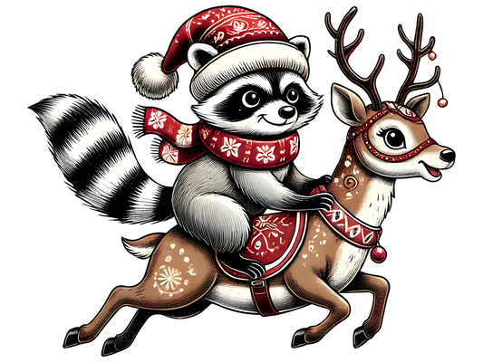 Christmas Raccoon Riding Reindeer DTF transfer