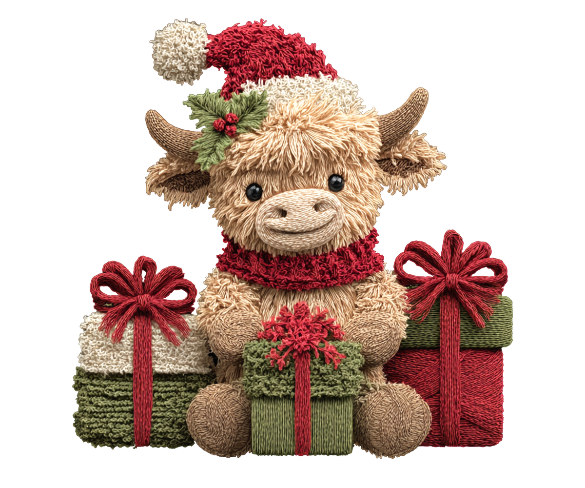Highland Cow with Christmas Gifts Transfer ready-to-press DTF transfer