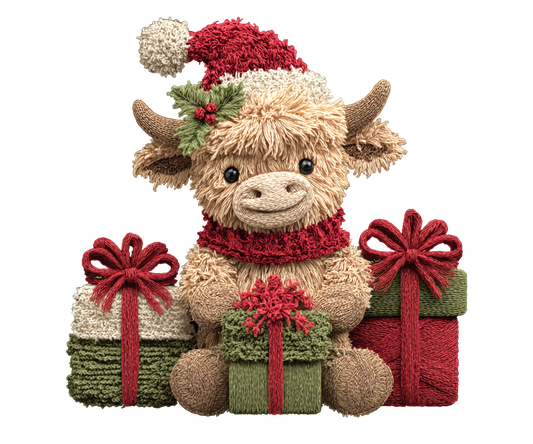 Highland Cow with Christmas Gifts Transfer ready-to-press DTF transfer