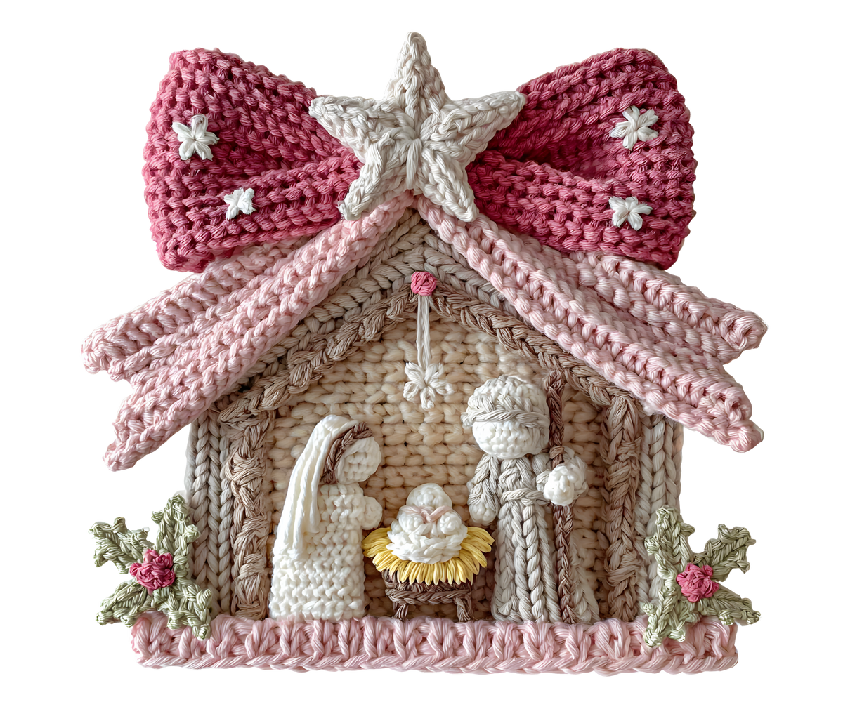 Pink Crochet Nativity Christmas Transfer ready-to-press DTF transfer