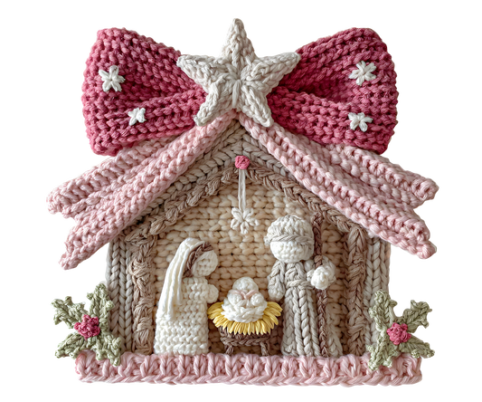 Pink Crochet Nativity Christmas Transfer ready-to-press DTF transfer