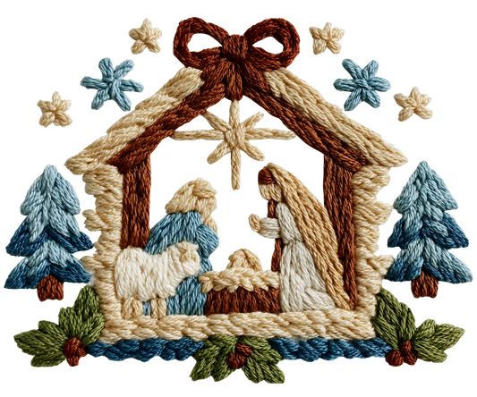 Blue Crochet Nativity Christmas Transfer ready-to-press DTF transfer