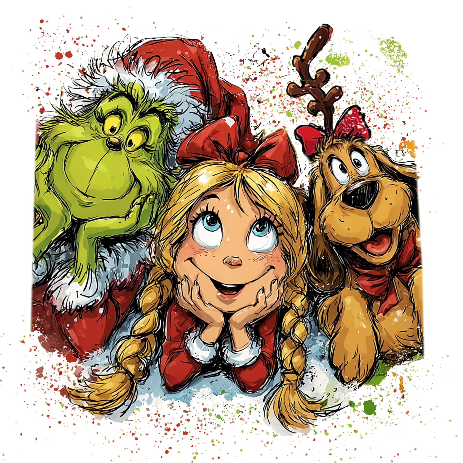 Green Holiday Character Girl and Dog Christmas Transfer ready-to-press DTF transfer