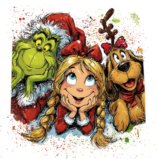 Green Holiday Character Girl and Dog Christmas Transfer ready-to-press DTF transfer