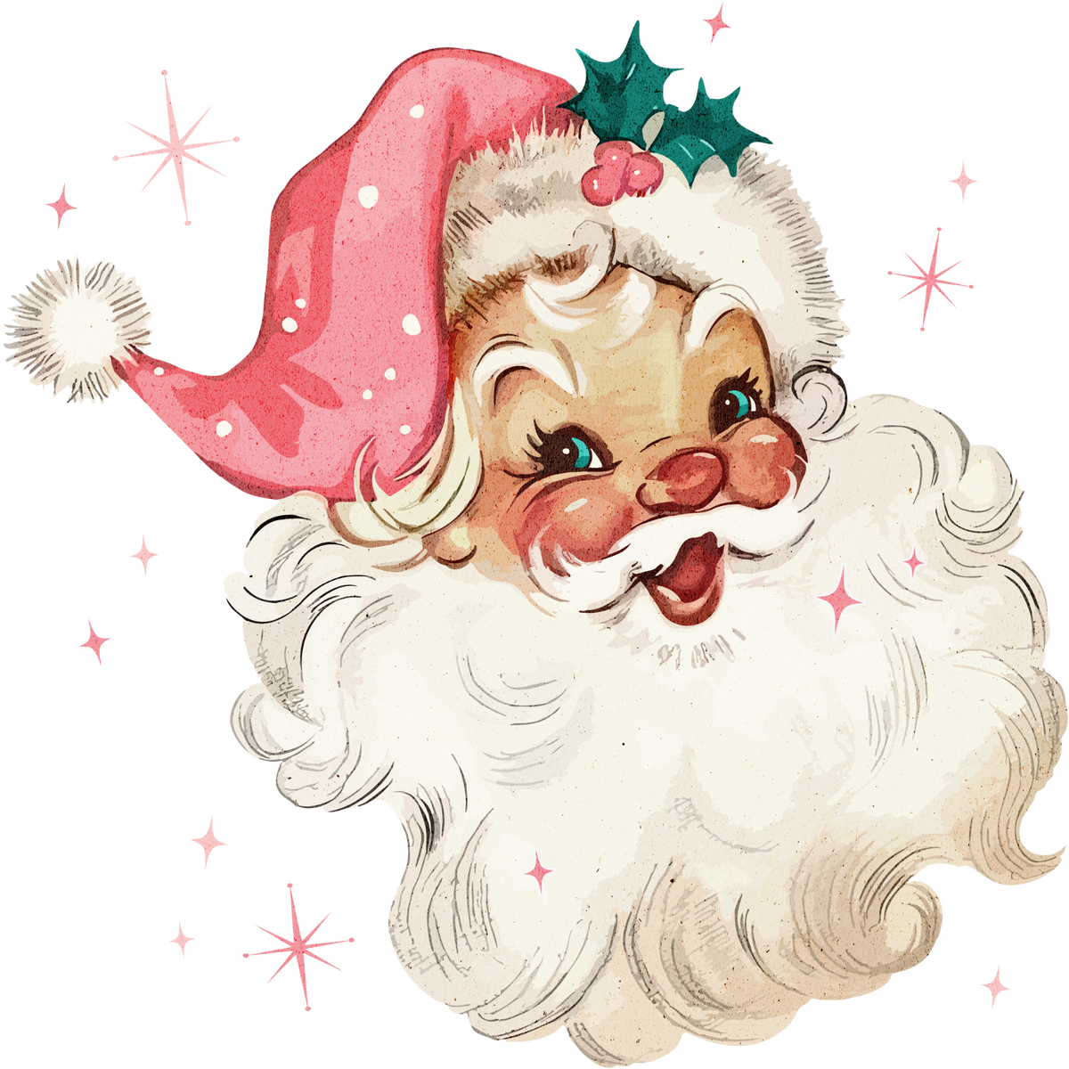 Pink Smiling Santa Sparkles Christmas Transfer ready-to-press DTF transfer