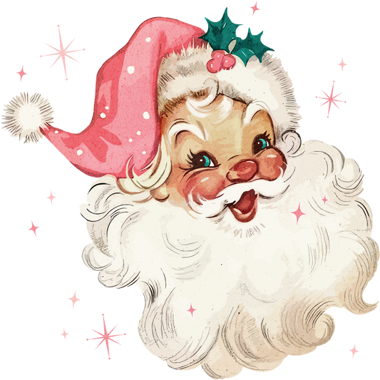 Pink Smiling Santa Sparkles Christmas Transfer ready-to-press DTF transfer