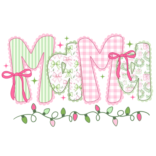 Pink and Green Mama Christmas Lights Transfer ready-to-press DTF transfer