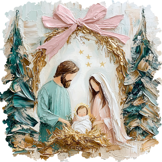 Pink Bow Nativity Scene Christmas Transfer ready-to-press DTF transfer