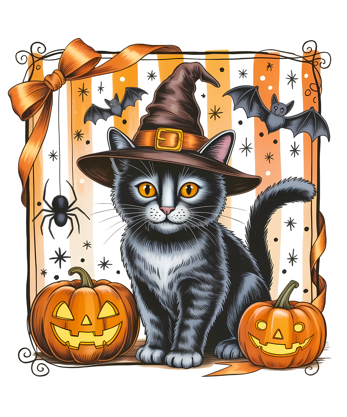 Witch Cat and Pumpkins Halloween Transfer