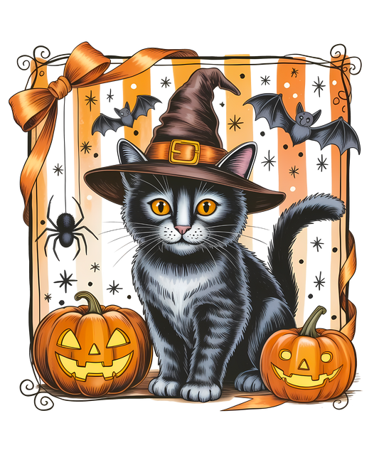 Witch Cat and Pumpkins Halloween Transfer