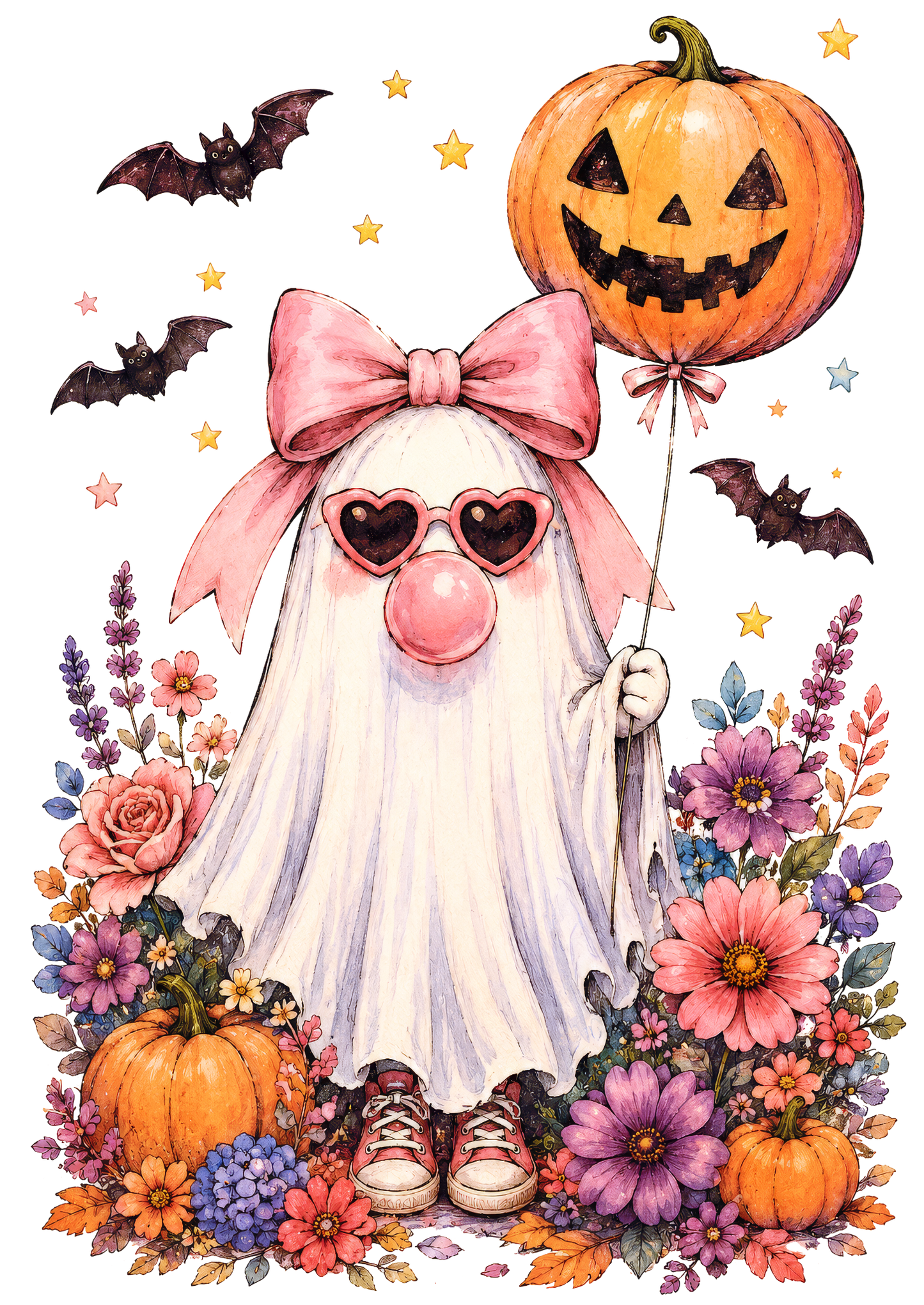 Pink Ghost with Pumpkin Balloon Transfer